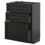 Armadio da cucina nero con tre cassetti in legno tinto scuro e un grande cassetto, design moderno ed elegante.
