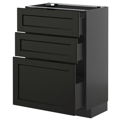 Armadio da cucina nero con tre cassetti in legno tinto scuro e un grande cassetto, design moderno ed elegante.