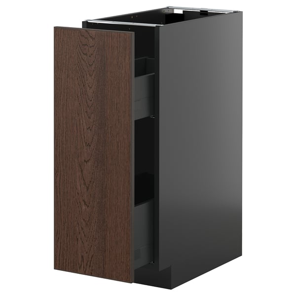Armadio da cucina grigio scuro con cassetto marrone scuro, design elegante.