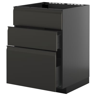 Moderno mobile da cucina nero con tre cassetti scorrevoli.