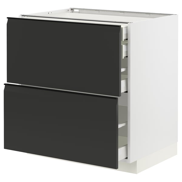 Moderno mobile da cucina in bianco e nero con maniglie integrate e due ampi cassetti. Design elegante e rettangolare.