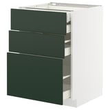 Un mobile da cucina moderno con tre cassetti verde scuro e una base bianca. Fa parte del sistema cucina METOD dal design elegante e contemporaneo.