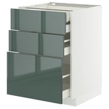 Un mobile da cucina METOD grigio-verde lucido con tre cassetti estraibili e una forma rettangolare. I frontali sono lisci e moderni.