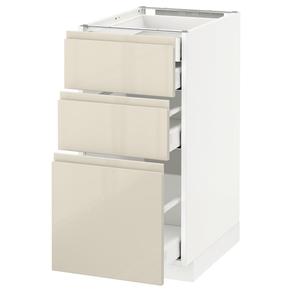 Mobile da cucina lucido bianco e beige con 3 cassetti.