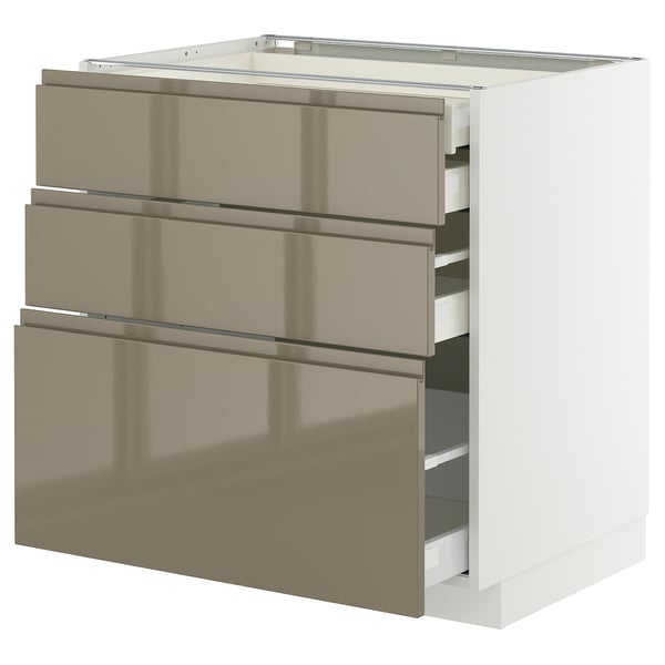 Mobile da cucina moderno in bianco e grigio-marrone scuro lucido con eleganti cassetti senza maniglie.