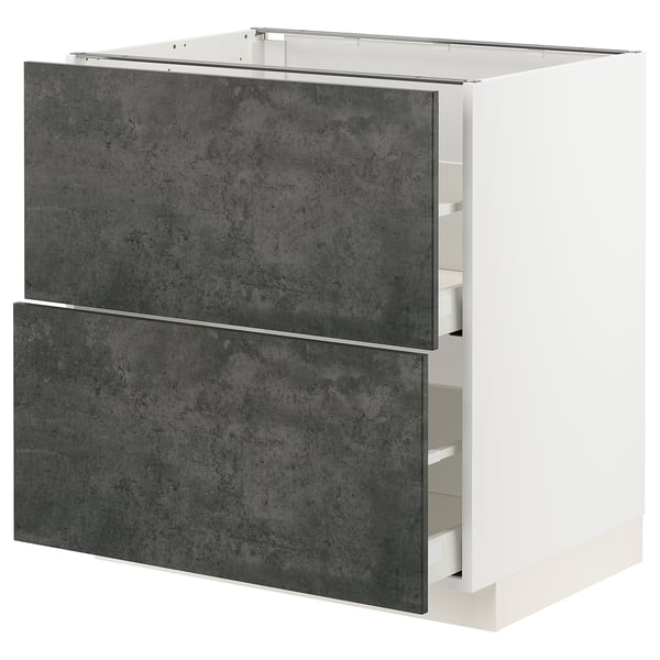 Mobile da cucina moderno in grigio scuro e bianco, forma quadrata con cassetti.