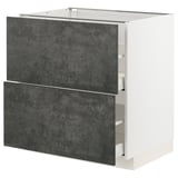 Mobile da cucina moderno in grigio scuro e bianco, forma quadrata con cassetti.