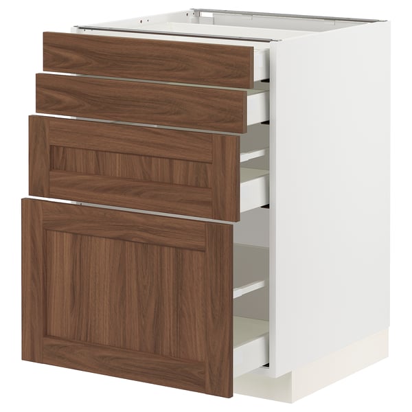 Cucina Ikea METOD bianca con cassetti in noce, forma rettangolare, venature del legno naturale.