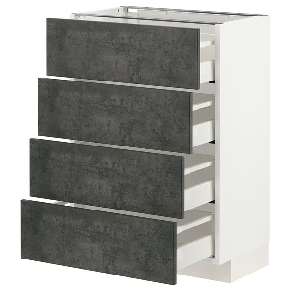Cucina moderna con 4 cassetti grigi e cornice bianca, design elegante.