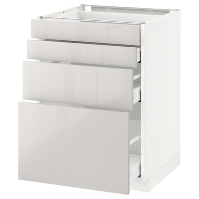 Un mobile da cucina bianco ed elegante con tre cassetti. Ha un design moderno con finitura lucida, ideale per la conservazione.