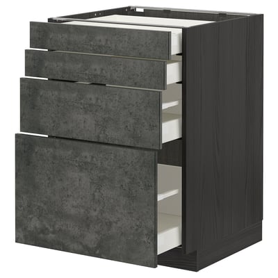 Mobile da cucina METOD effetto cemento grigio scuro con cassetti multipli. L'unità è rettangolare e ha un design elegante e moderno con lati in legno.
