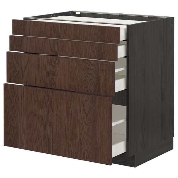 Moderno mobile da cucina in rovere marrone con cassetti estraibili multipli, design elegante.
