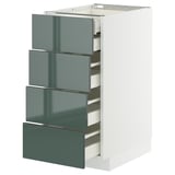 Moderno mobile da cucina bianco con quattro cassetti lucidi grigio-verdi.