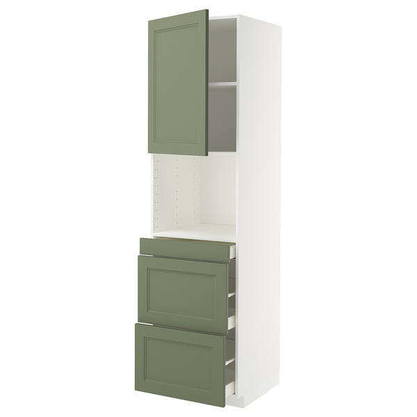 Un mobile da cucina METOD bianco con armadi e cassetti axstad verde-grigio. Si tratta di un mobile alto e due cassetti estraibili.