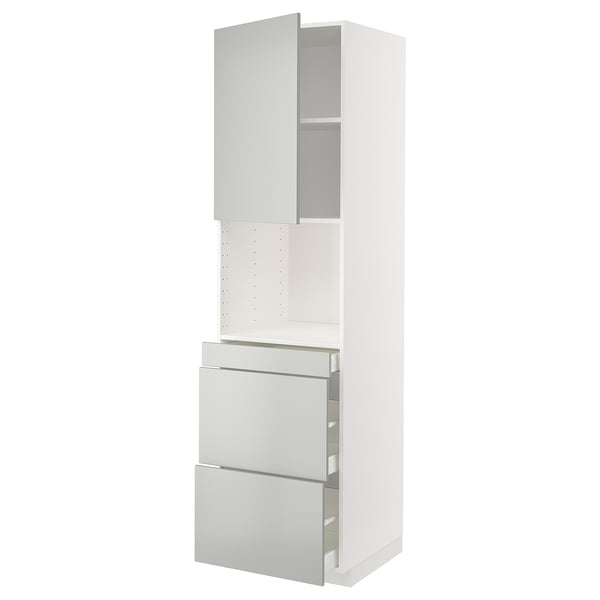 Moderno armadio bianco con cassetti e ante grigio chiaro, design elegante.