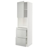 Moderno armadio bianco con cassetti e ante grigio chiaro, design elegante.