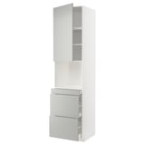 Mobile da cucina bianco in arrivo con cassetti e ripiani grigi, design elegante e moderno.