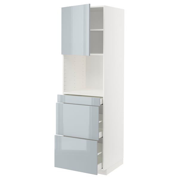 Contenitori da cucina METOD: finitura lucida bianca e grigio-blu, cassetti e armadio, design moderno.