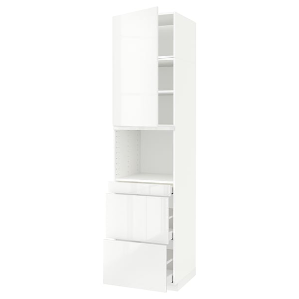Mobile da cucina bianco lucido con cassetti e ripiani.