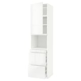 Mobile da cucina bianco lucido con cassetti e ripiani.