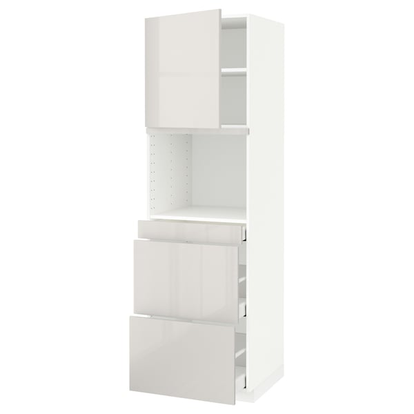 Un mobile da cucina METOD bianco con cassetti e ripiani. Ha una finitura moderna e lucida e un design elegante.