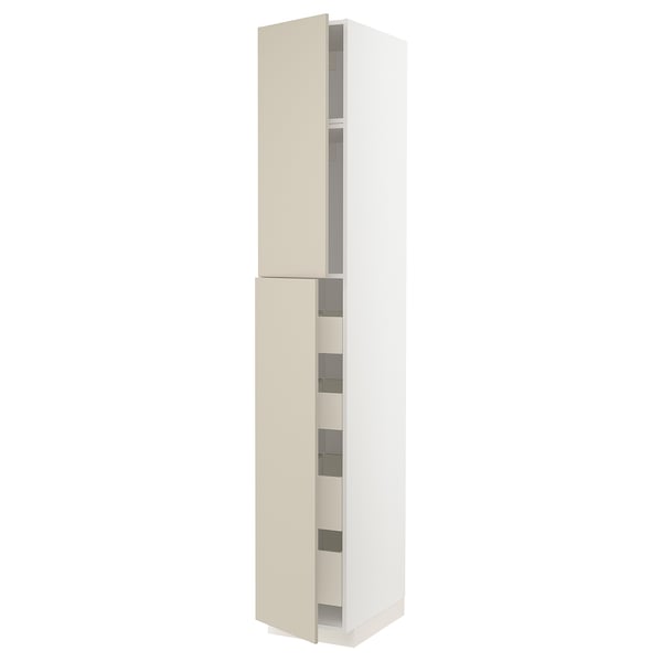 Un elegante mobile da cucina beige del sistema METOD. Ha un design rettangolare liscio e alto con sei porte e un'estetica moderna e pulita.