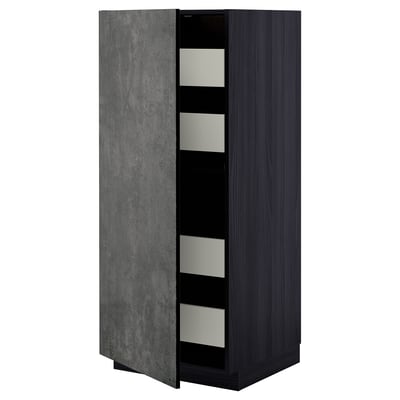 Un mobile da cucina METOD grigio scuro con effetto cemento e maniglie cromate. Ha una forma sottile e rettangolare e tre cassetti.