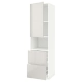 Mobile da cucina bianco lucido con cassetto e ripiano aperto.