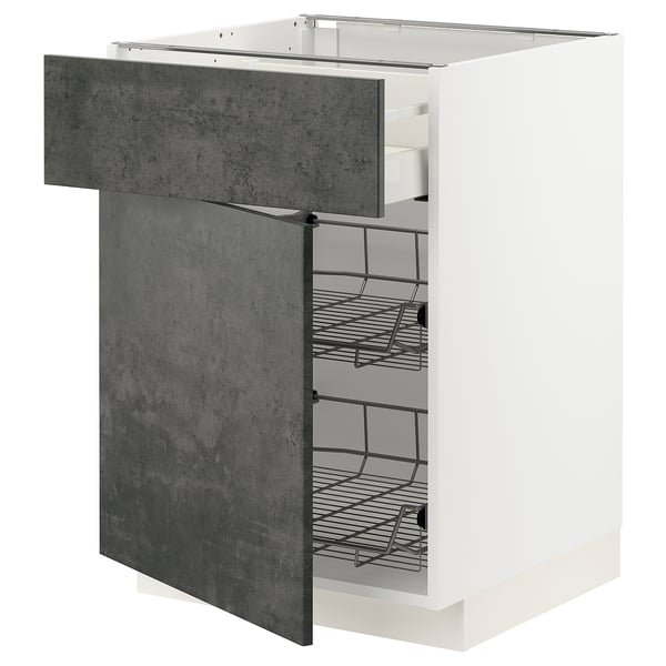 Mobile cucina moderno, METOD, bianco, con cestelli in filo metallico, ante effetto cemento, design elegante.