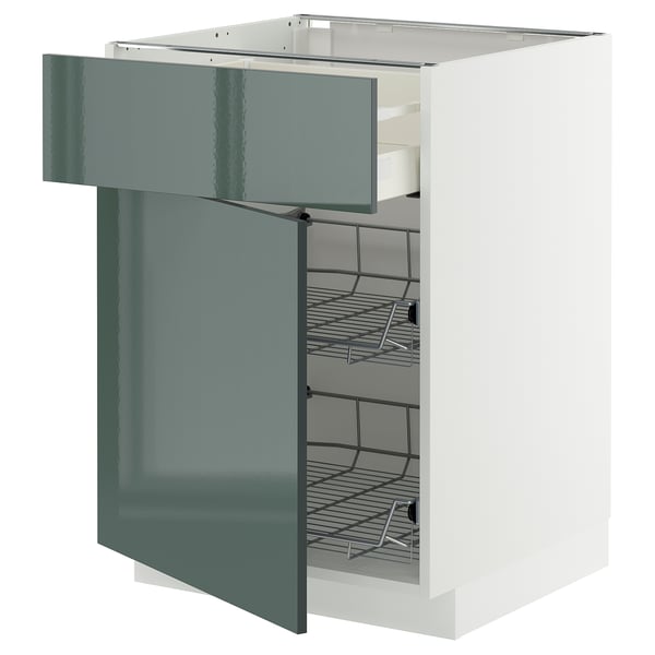 Mobile cucina moderno, grigio-verde lucido, con cassetto metallico e cestello in filo metallico.