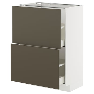 Armadio da cucina moderno con cassetti marrone scuro, cornice bianca, forma quadrata e design elegante.