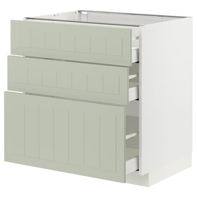 Mobile da cucina Ikea METOD verde con tre cassetti, base bianca, scanalature verticali, pannelli di particelle di legno resistenti e guide in metallo.