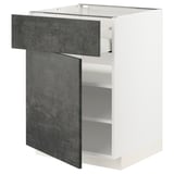 Mobile da cucina moderno bianco con cassetto grigio scuro e ripiano aperto.