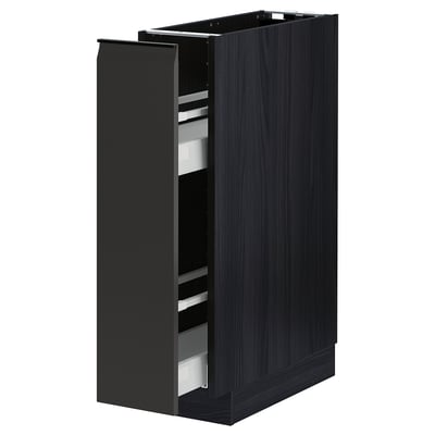 Armadio da cucina nero, design moderno, ripiani aperti a vista.