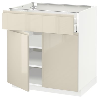 METOD mobile da cucina, beige, lucido. Tre sezioni: ripiano aperto, cassetto, armadio chiuso.