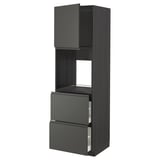 Mobile cucina moderno grigio con cassetti, ripiani e colonna alta.