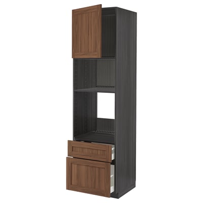 Mobile contenitore color noce con ripiani a giorno e cassetti estraibili. Design moderno in legno.