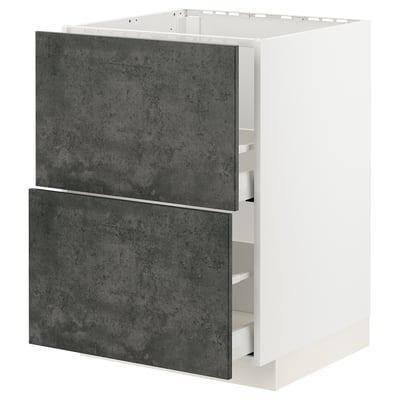 Mobile cucina METOD bianco con cassetti in cemento grigio, forma rettangolare, design moderno.