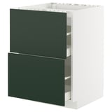 Armadio da cucina moderno con cassetti verde scuro, cornice bianca, due cassetti, design elegante.
