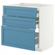 Armadio a 3 cassetti blu, base bianca, design moderno, frontali lisci, ripostiglio da cucina.