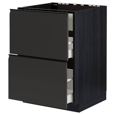 Moderna cassettiera da cucina nera con texture in legno e maniglie integrate.