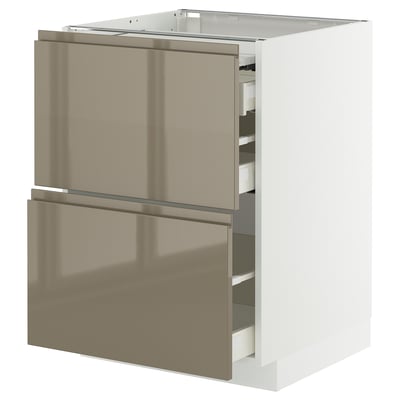 Moderno mobile da cucina color oro con due cassetti e due armadietti, maniglie eleganti, finitura lucida.