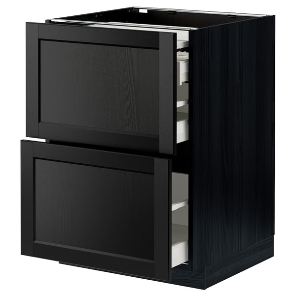 Mobile da cucina tinto nero con due cassetti aperti, design moderno.