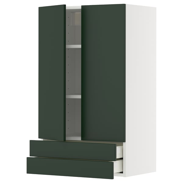 Mobile da cucina moderno verde con cassetti e ripiani.