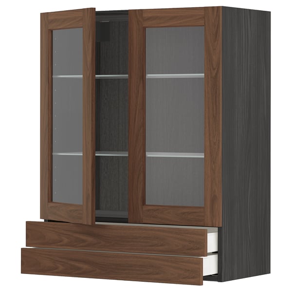 Armadio da cucina moderno in legno con ante in vetro, finitura scura, design elegante e ripiani regolabili.