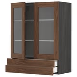 Armadio da cucina moderno in legno con ante in vetro, finitura scura, design elegante e ripiani regolabili.