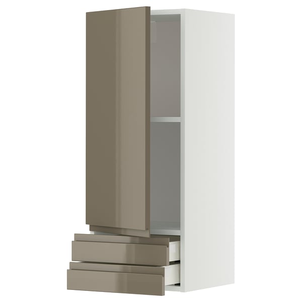 Moderno mobile da cucina grigio scuro-marrone lucido con cassetti estraibili.