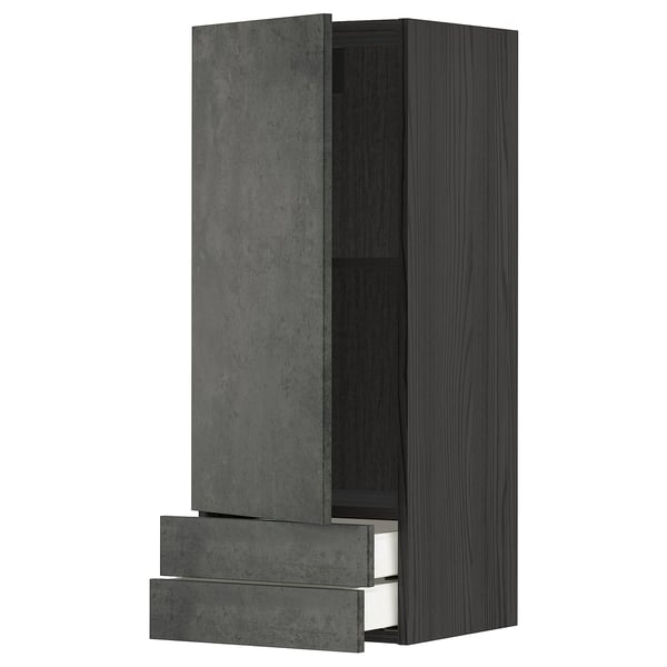 Moderno mobile da cucina grigio con due cassetti e un ripiano, venature del legno scuro, design elegante.