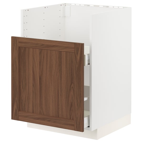 Mobile da cucina METOD, bianco con frontale in noce, venature del legno lucide, rettangolare.