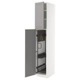 Armadio bianco e grigio, aperto con ripiani interni e ganci, design moderno e pulito.
